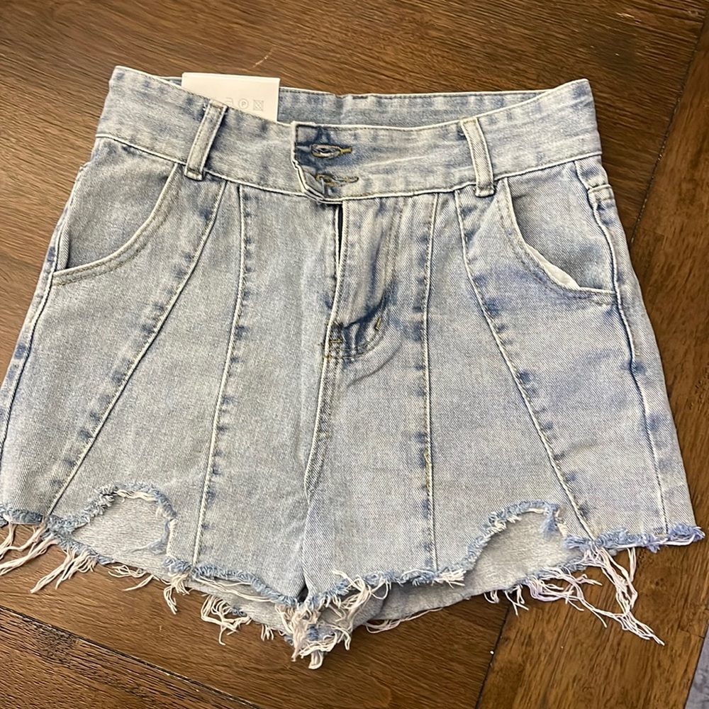 Denim Shorts With Ripped Asymmetrical Hem